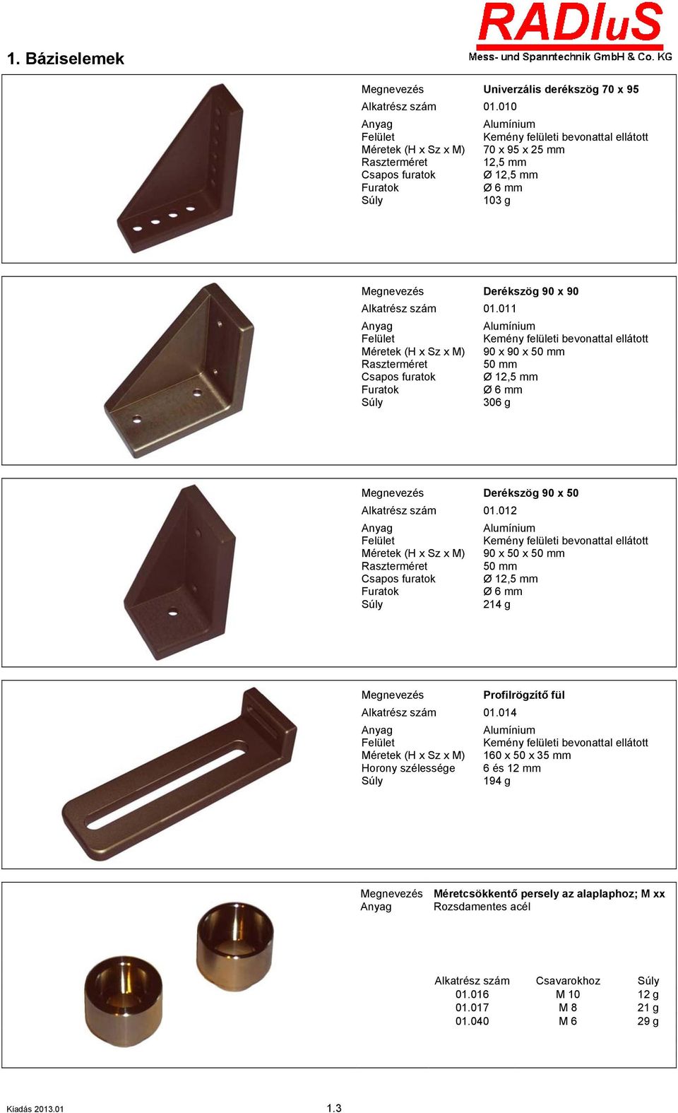 011 90 x 90 x 50 mm 50 mm Ø 12,5 mm Ø 6 mm 306 g Raszterméret Csapos furatok Furatok Derékszög 90 x 50 01.