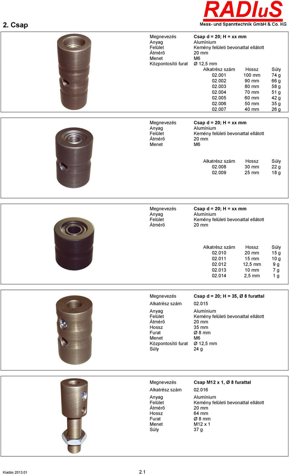 009 25 mm 18 g Átmérő Csap d = 20; H = xx mm 20 mm Hossz 02.010 20 mm 15 g 02.011 15 mm 10 g 02.012 12,5 mm 9 g 02.013 10 mm 7 g 02.