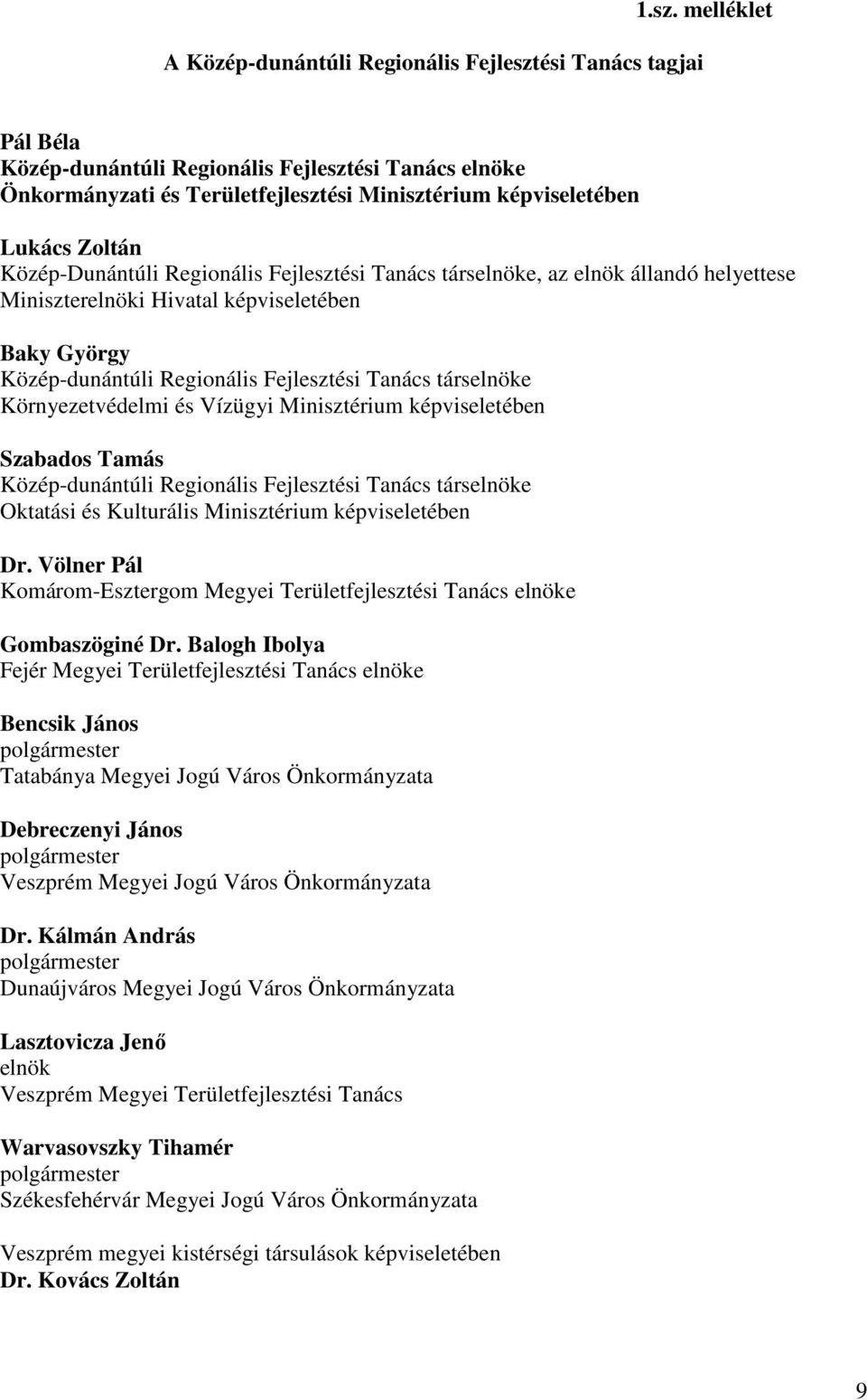 melléklet Pál Béla Közép-dunántúli Regionális Fejlesztési Tanács elnöke Önkormányzati és Területfejlesztési Minisztérium képviseletében Lukács Zoltán Közép-Dunántúli Regionális Fejlesztési Tanács