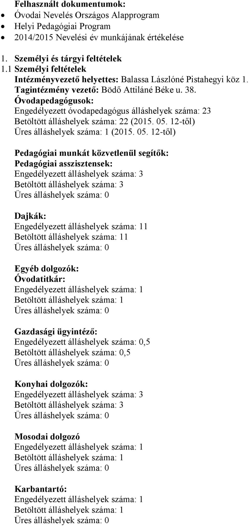 Óvodapedagógusok: Engedélyezett óvodapedagógus álláshelyek száma: 23 Betöltött álláshelyek száma: 22 (2015. 05.