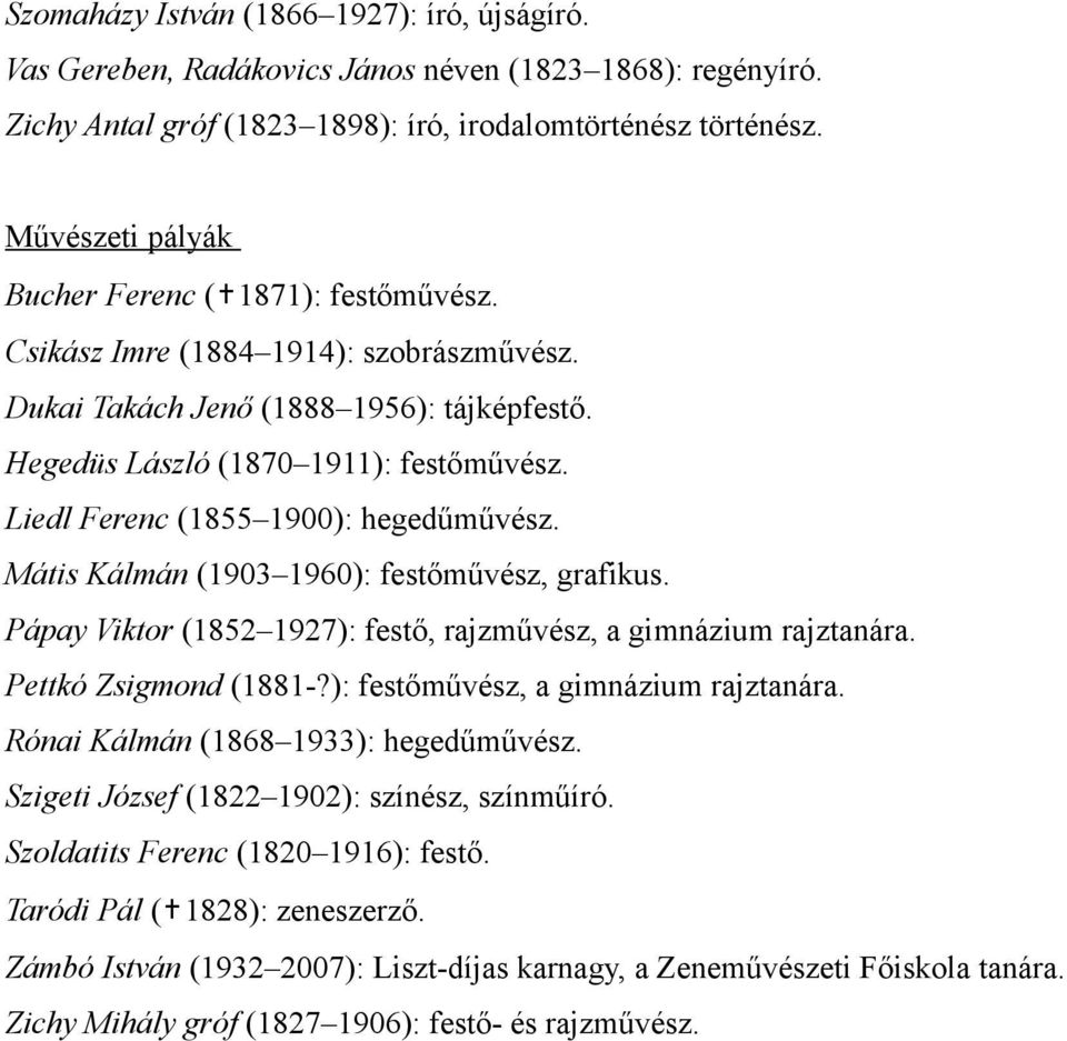 Liedl Ferenc (1855 1900): hegedűművész. Mátis Kálmán (1903 1960): festőművész, grafikus. Pápay Viktor (1852 1927): festő, rajzművész, a gimnázium rajztanára. Pettkó Zsigmond (1881-?