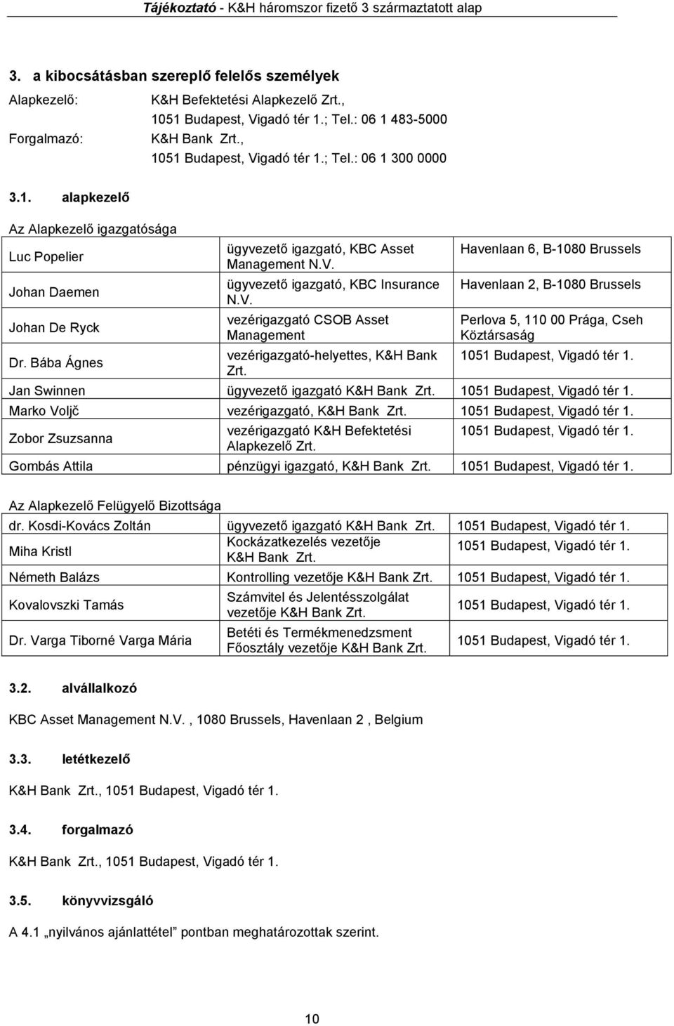 ügyvezető igazgató, KBC Insurance N.V. vezérigazgató CSOB Asset Management vezérigazgató-helyettes, K&H Bank Zrt.