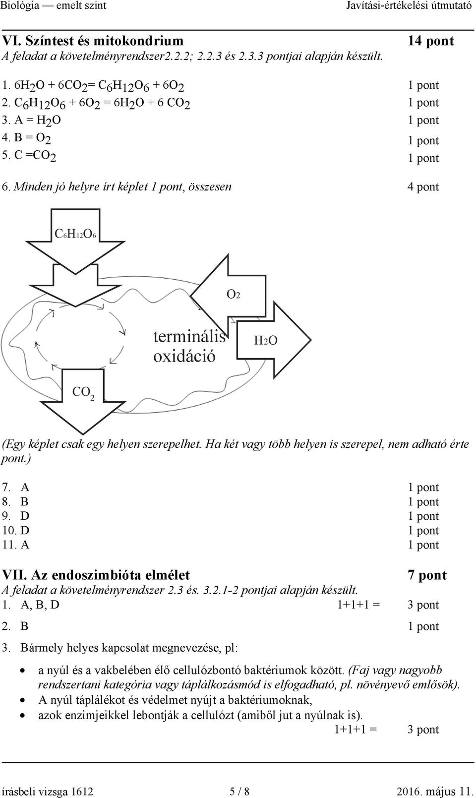 Ha két vagy több helyen is szerepel, nem adható érte pont.) 7. A 8. B 9. D 10. D 1 A VII. Az endoszimbióta elmélet 7 pont A feladat a követelményrendszer 3 és. 3.1-2 pontjai alapján készült.