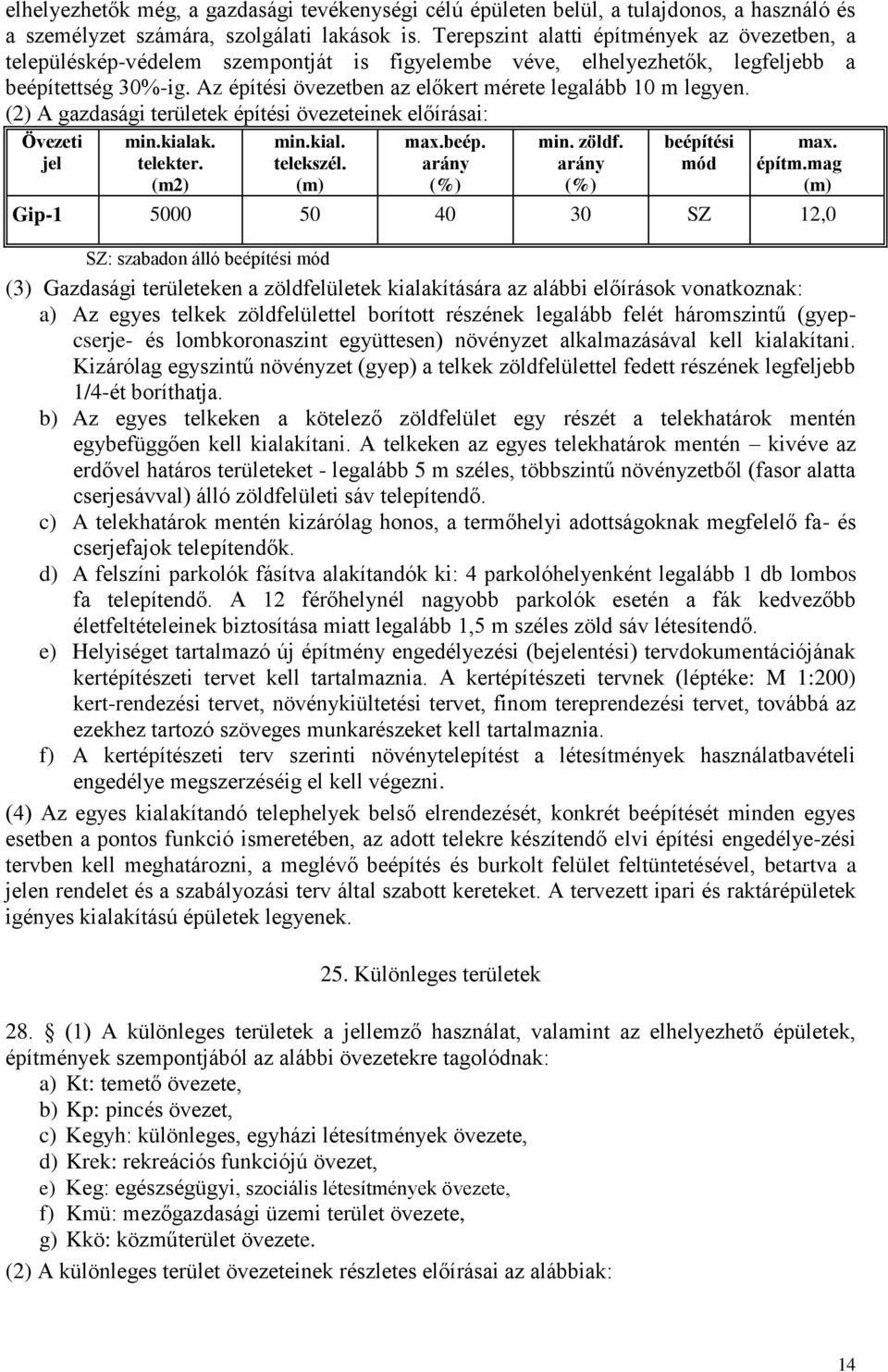 Az építési övezetben az előkert mérete legalább 10 m legyen. (2) A gazdasági területek építési övezeteinek előírásai: Övezeti jel min.kialak. telekter. (m2) min.kial. telekszél. max.beép. arány min.