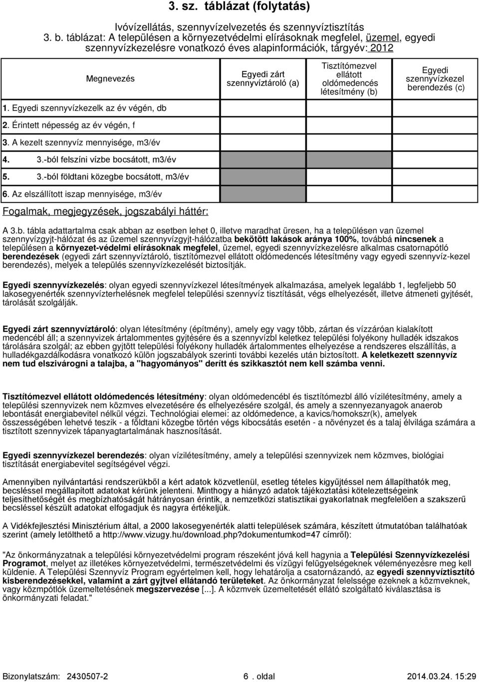 Tisztítómezvel ellátott oldómedencés létesítmény (b) Egyedi szennyvízkezel berendezés (c) 1. Egyedi szennyvízkezelk az év végén, db 2. Érintett népesség az év végén, f 3.