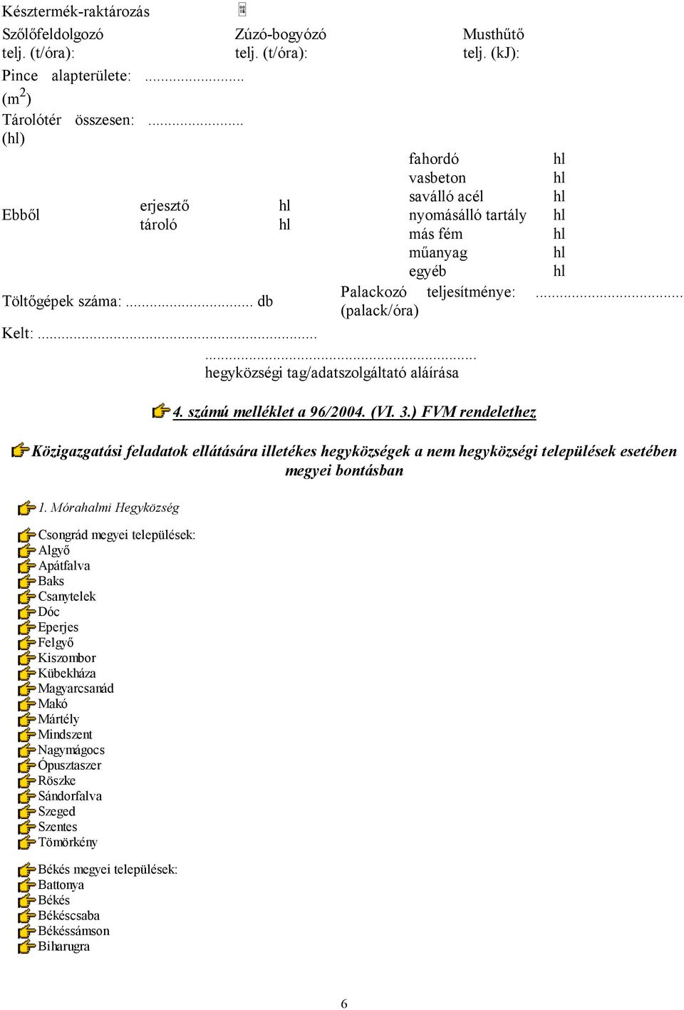 számú melléklet a 96/2004. (VI. 3.) FVM rendelethez Közigazgatási feladatok ellátására illetékes hegyközségek a nem hegyközségi települések esetében megyei bontásban 1.