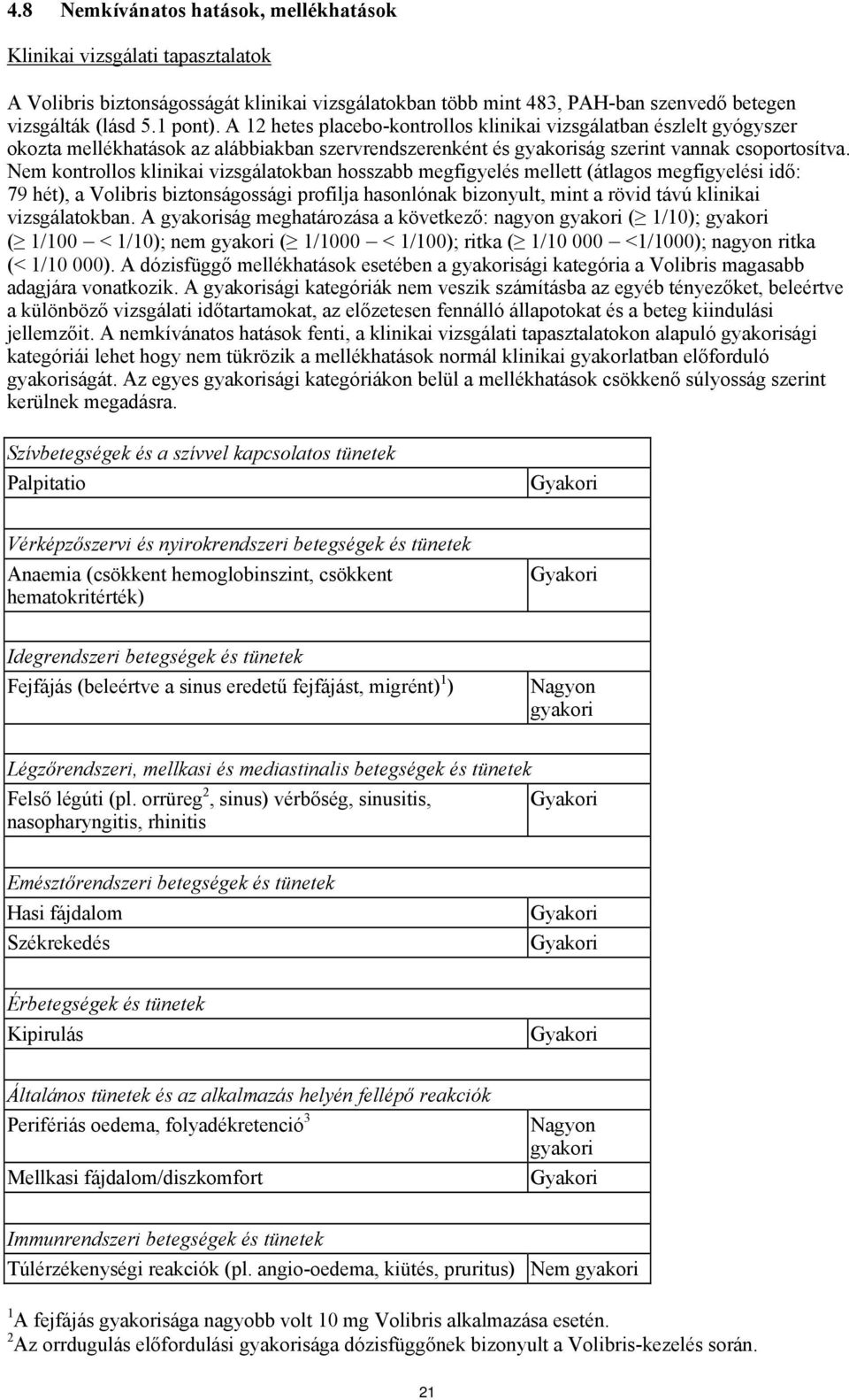 Nem kontrollos klinikai vizsgálatokban hosszabb megfigyelés mellett (átlagos megfigyelési idő: 79 hét), a Volibris biztonságossági profilja hasonlónak bizonyult, mint a rövid távú klinikai