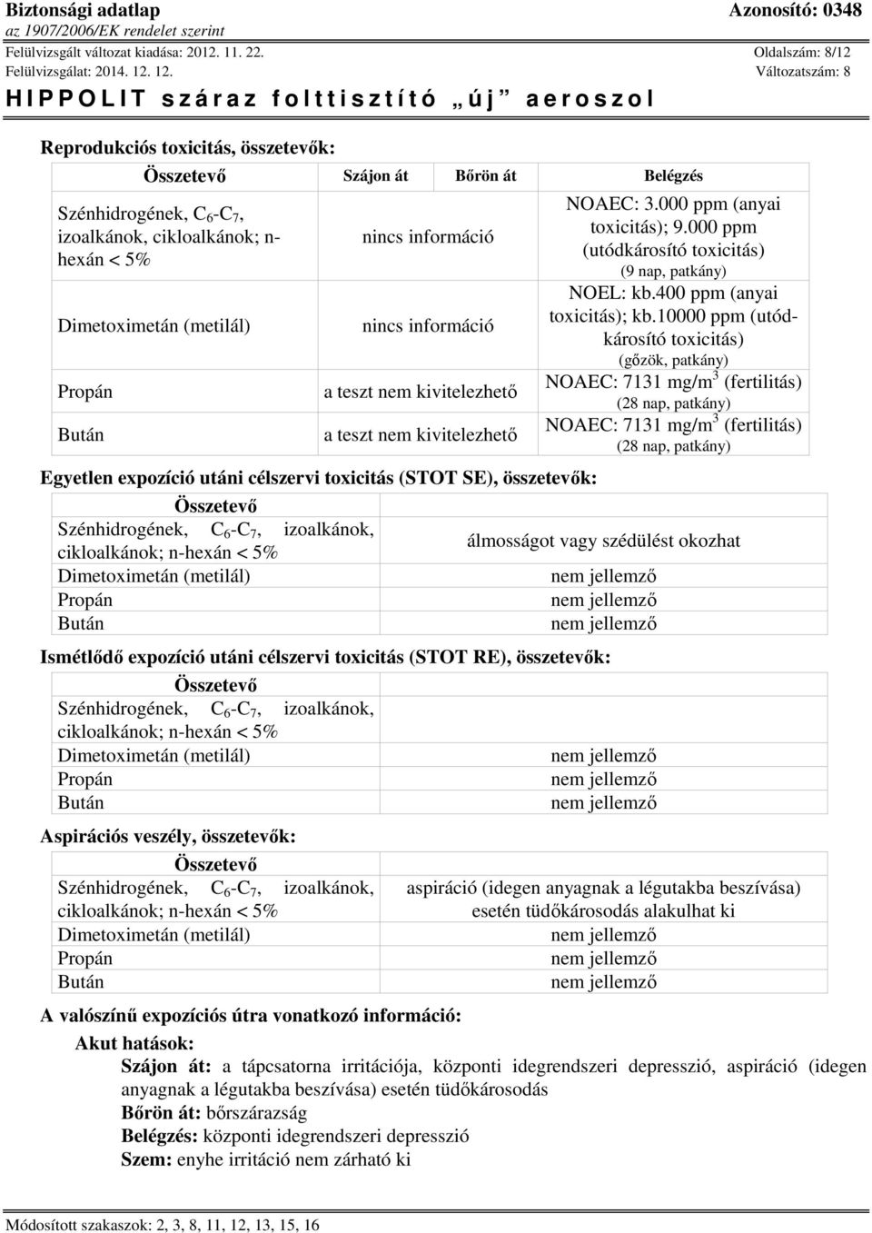 kivitelezhető Egyetlen expozíció utáni célszervi toxicitás (STOT SE), összetevők: Összetevő NOAEC: 3.000 ppm (anyai toxicitás); 9.000 ppm (utódkárosító toxicitás) (9 nap, patkány) NOEL: kb.