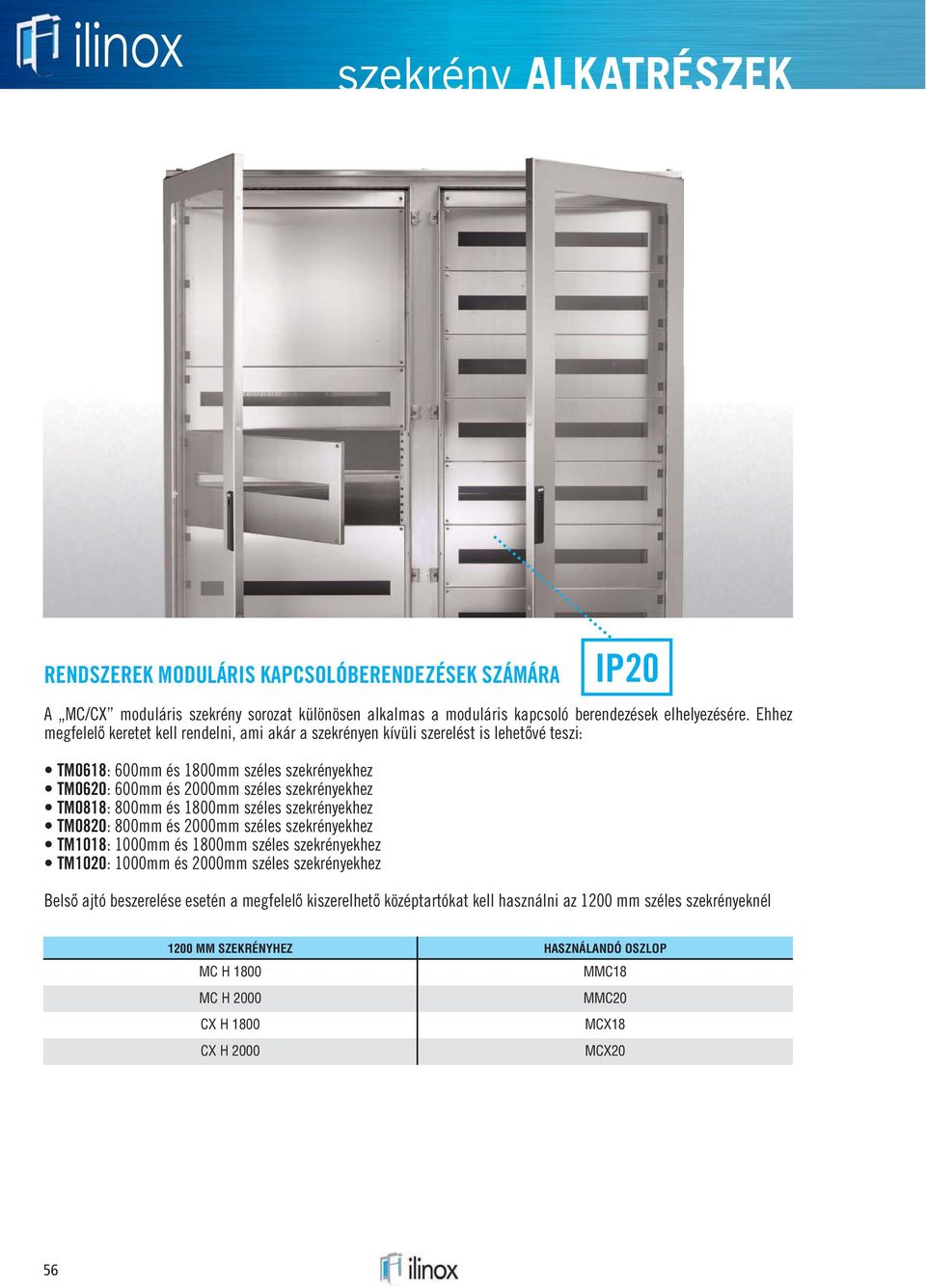 TM0818: 800mm és 1800mm széles szekrényekhez TM0820: 800mm és 2000mm széles szekrényekhez TM1018: 1000mm és 1800mm széles szekrényekhez TM1020: 1000mm és 2000mm széles szekrényekhez IP20