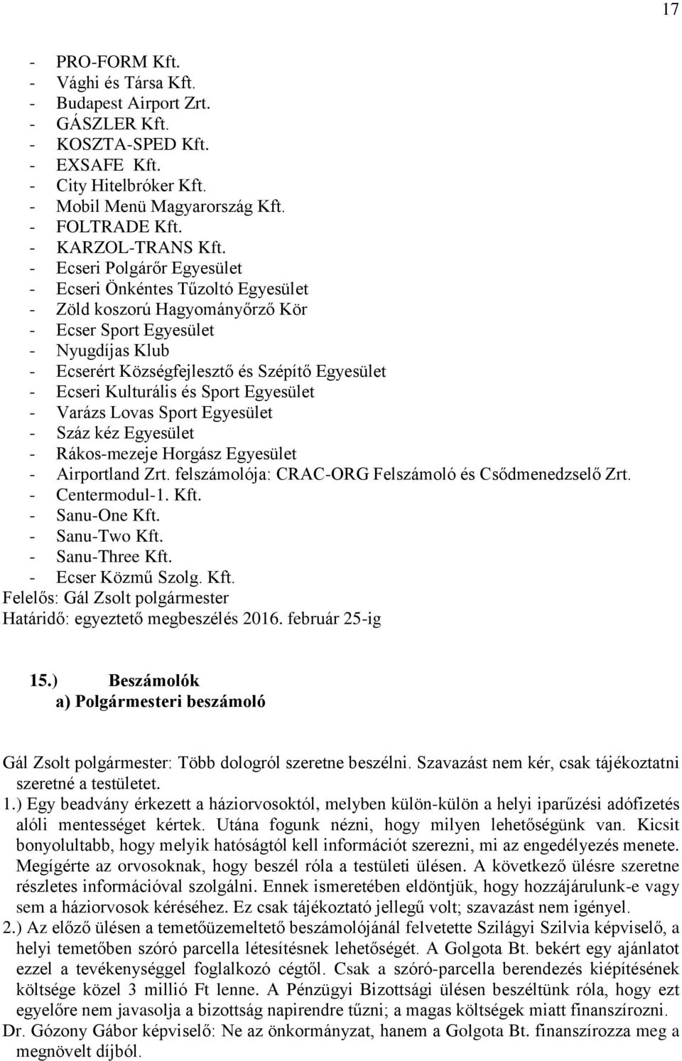 - Ecseri Polgárőr Egyesület - Ecseri Önkéntes Tűzoltó Egyesület - Zöld koszorú Hagyományőrző Kör - Ecser Sport Egyesület - Nyugdíjas Klub - Ecserért Községfejlesztő és Szépítő Egyesület - Ecseri