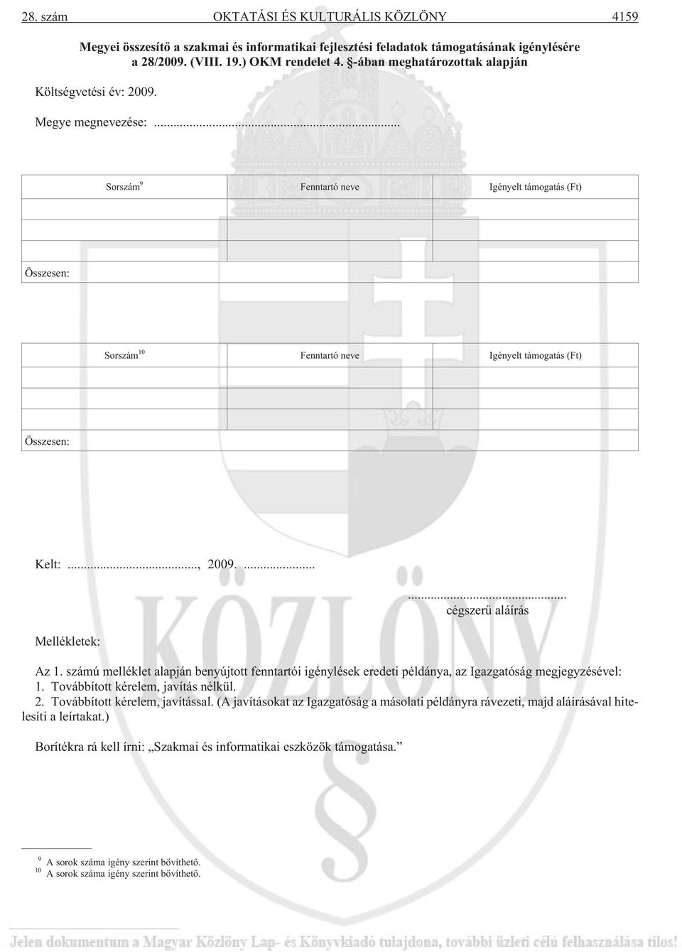 ... Mellékletek:... cégszerû aláírás Az 1. ú melléklet alapján benyújtott fenntartói igénylések eredeti példánya, az Igazgatóság megjegyzésével: 1. Továbbított kérelem, javítás nélkül. 2.