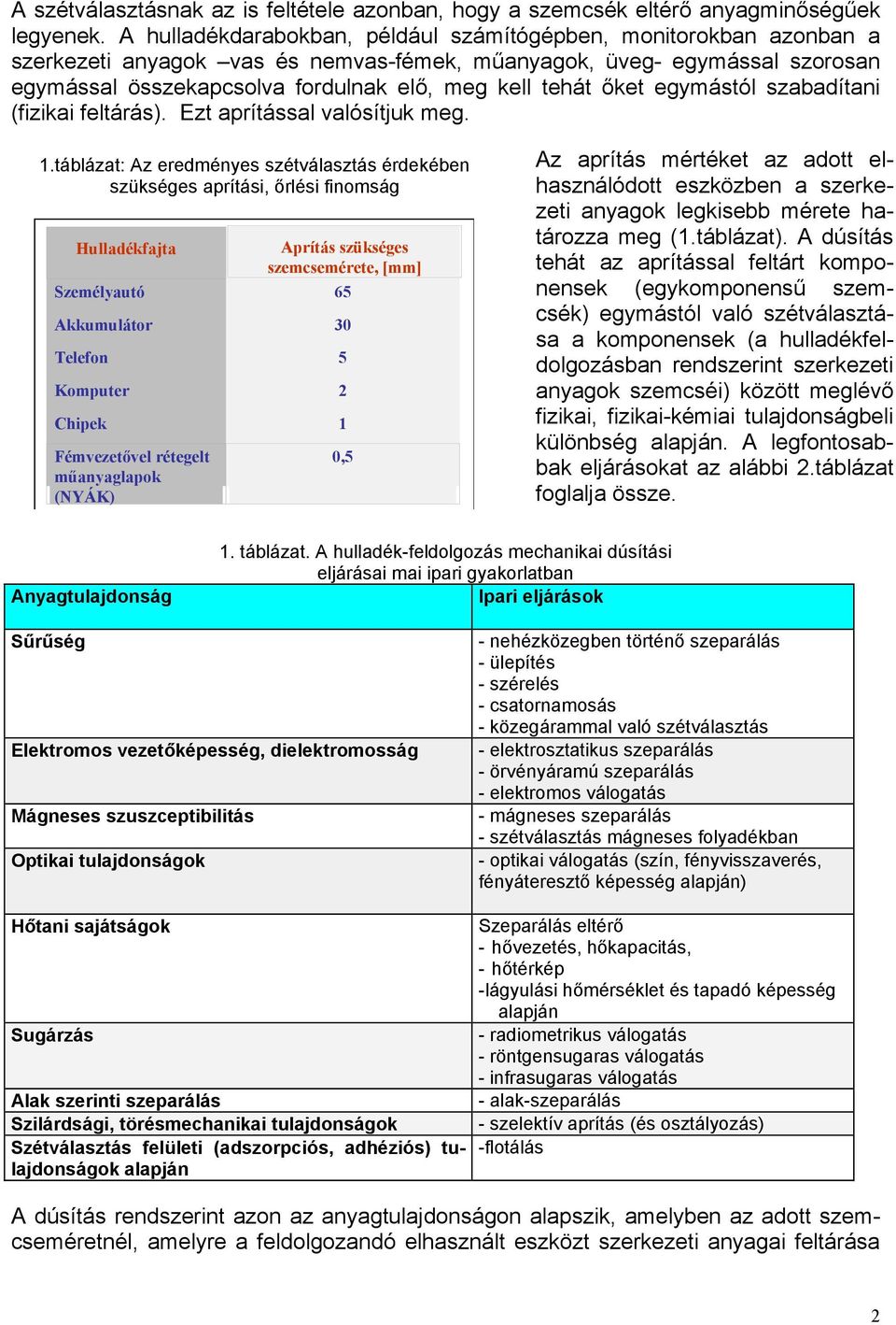 egymástól szabadítani (fiziai feltárás). Ezt aprítással valósítju meg. 1.