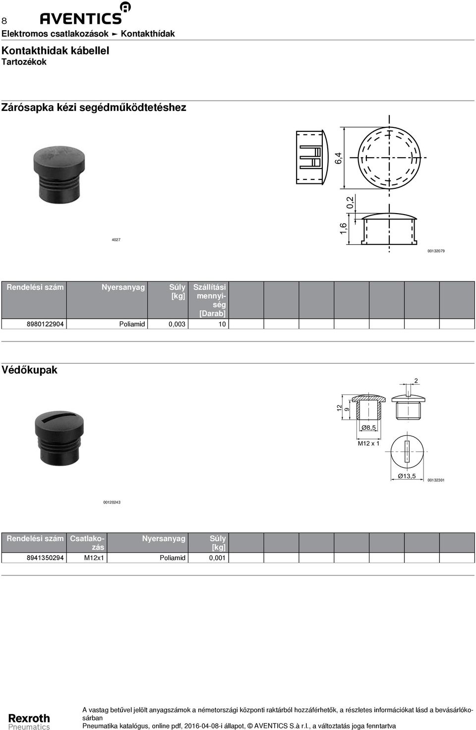 [Darab] 8980122904 Poliamid 0,003 10 Védőkupak 2 12 9 Ø8,5 M12 x 1 Ø13,5 00132301