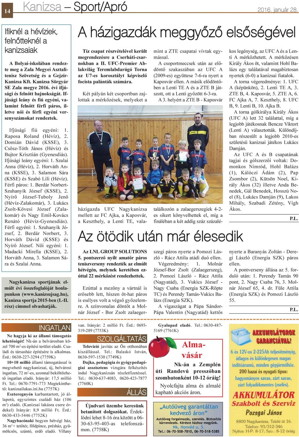 Ifjúsági fiú egyéni: 1. Raposa Roland (Hévíz), 2. Domián Dávid (KSSE), 3. Csõsz-Tóth János (Hévíz) és Bujtor Krisztián (Gyenesdiás). Ifjúsági leány egyéni: 1. Szalai Anna (Hévíz), 2.