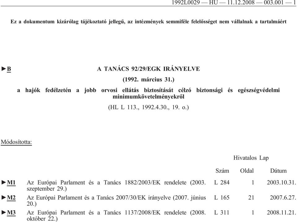 ) a hajók fedélzetén a jobb orvosi ellátás biztosítását célzó biztonsági és egészségvédelmi minimumkövetelményekről (HL L 113., 1992.4.30., 19. o.) Módosította: Hivatalos Lap Szám Oldal Dátum M1 Az Európai Parlament és a Tanács 1882/2003/EK rendelete (2003.