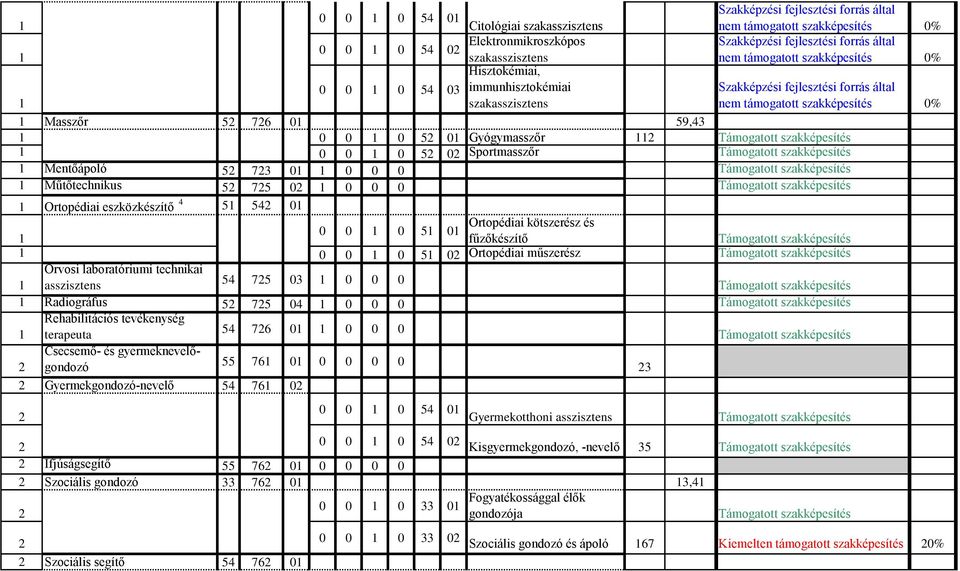 Ortopédiai műszerész Orvosi laboratóriumi technikai 1 asszisztens 72 03 1 0 0 0 1 Radiográfus 2 72 0 1 0 0 0 Rehabilitációs tevékenység 1 terapeuta 726 01 1 0 0 0 Csecsemő- és gyermeknevelő- 2