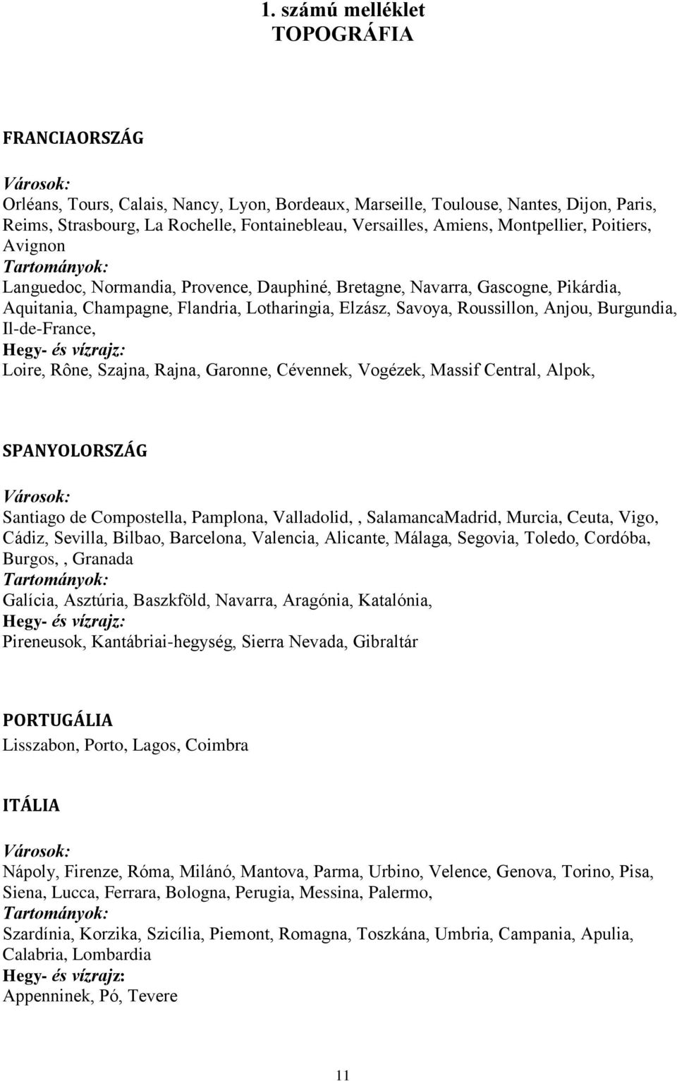 Savoya, Roussillon, Anjou, Burgundia, Il-de-France, Hegy- és vízrajz: Loire, Rône, Szajna, Rajna, Garonne, Cévennek, Vogézek, Massif Central, Alpok, SPANYOLORSZÁG Városok: Santiago de Compostella,