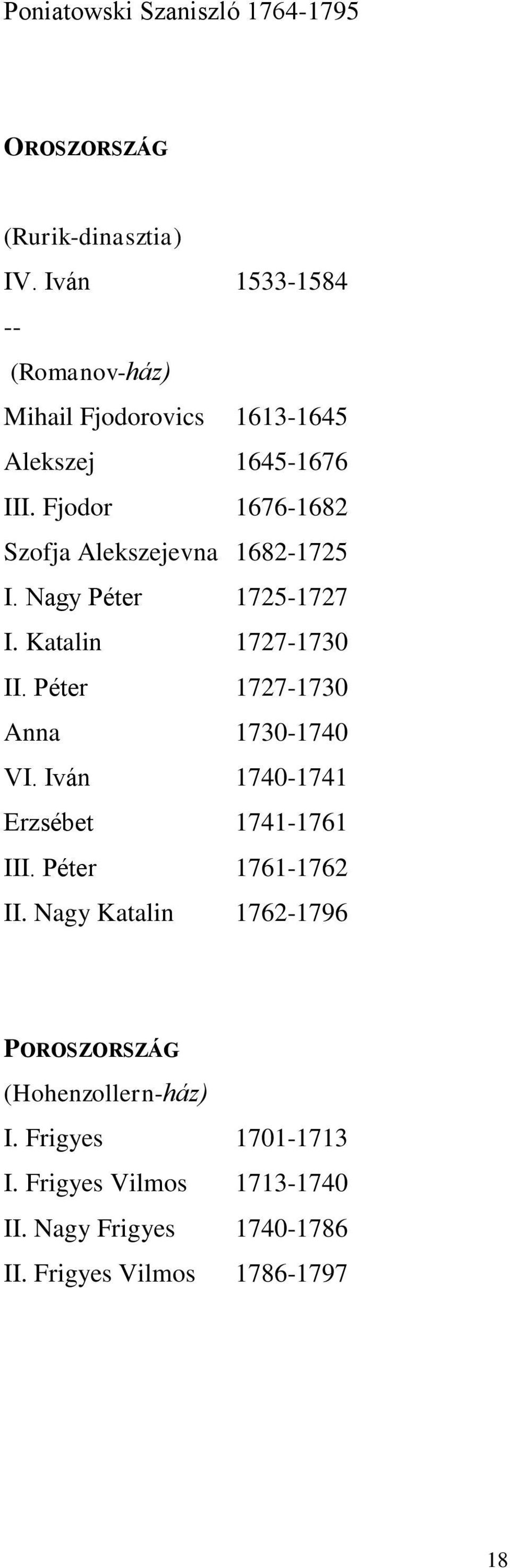 Fjodor 1676-1682 Szofja Alekszejevna 1682-1725 I. Nagy Péter 1725-1727 I. Katalin 1727-1730 II.