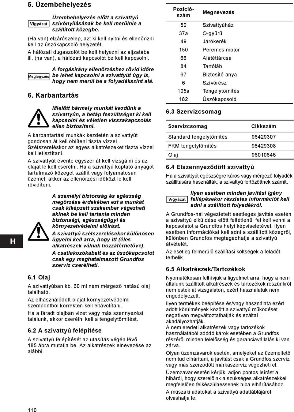 Megjegyzés A forgásirány ellenőrzéshez rövid időre be lehet kapcsolni a szivattyút úgy is, hogy nem merül be a folyadékszint alá. 6.