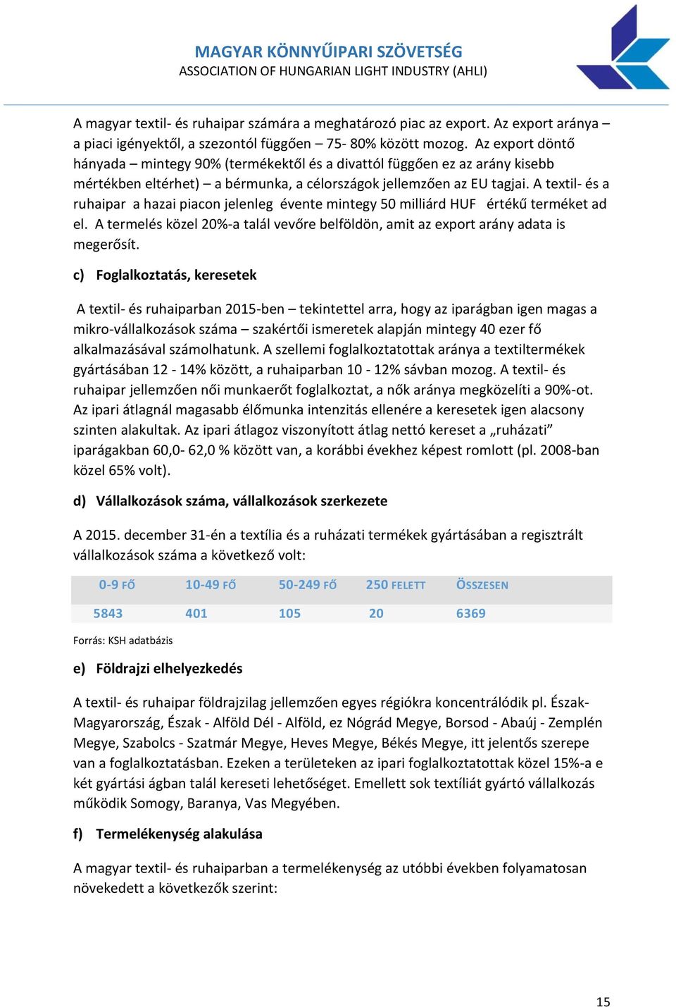 A textil- és a ruhaipar a hazai piacon jelenleg évente mintegy 50 milliárd HUF értékű terméket ad el. A termelés közel 20%-a talál vevőre belföldön, amit az export arány adata is megerősít.