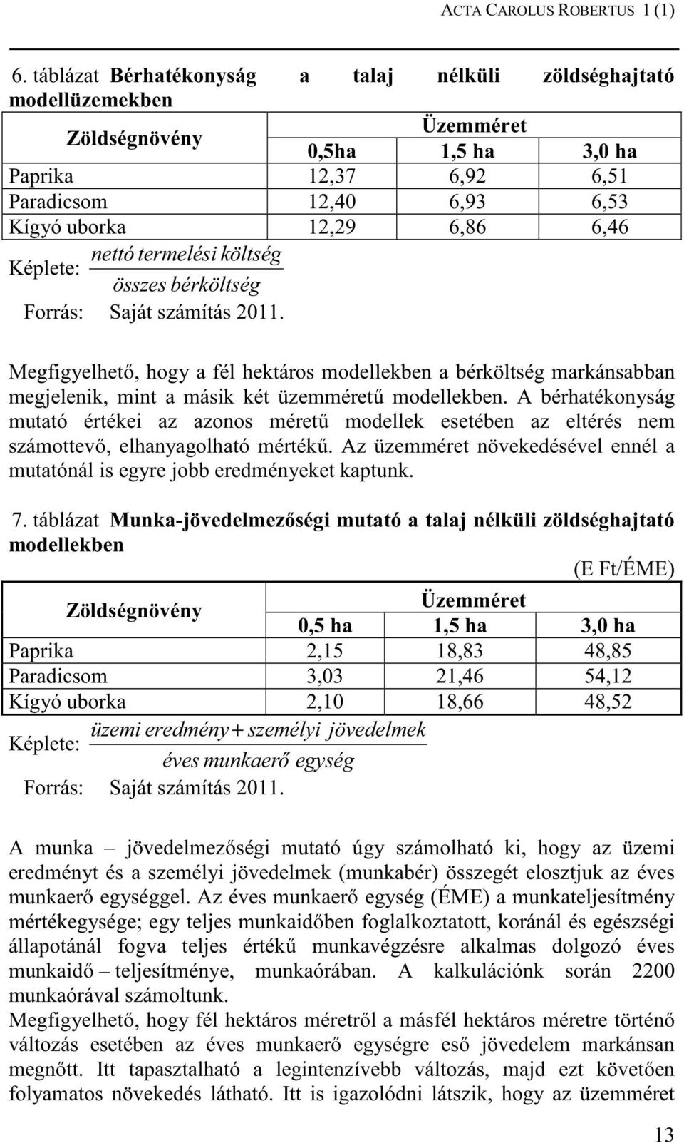 nettó termelési költség Képlete: összes bérköltség Forrás: Saját számítás 2011.