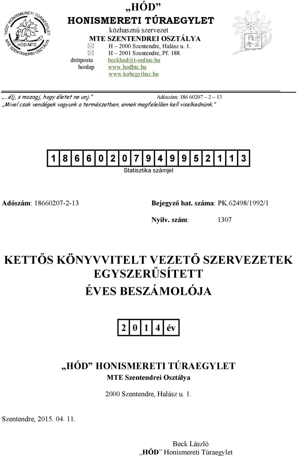 1 8 6 6 0 2 0 7 9 4 9 9 5 2 1 1 3 Statisztika számjel Adószám: 18660207-2-13 Bejegyző hat. száma: PK.62498/1992/1 Nyilv.