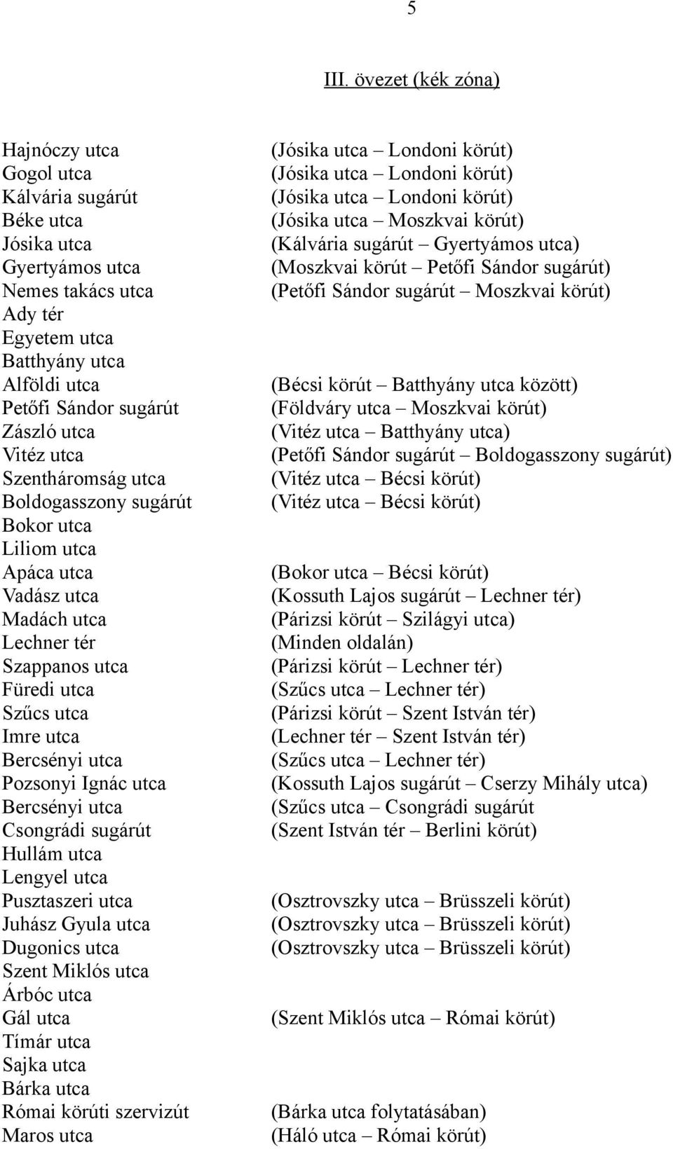 Vitéz utca Szentháromság utca Boldogasszony sugárút Bokor utca Liliom utca Apáca utca Vadász utca Madách utca Lechner tér Szappanos utca Füredi utca Szűcs utca Imre utca Bercsényi utca Pozsonyi Ignác