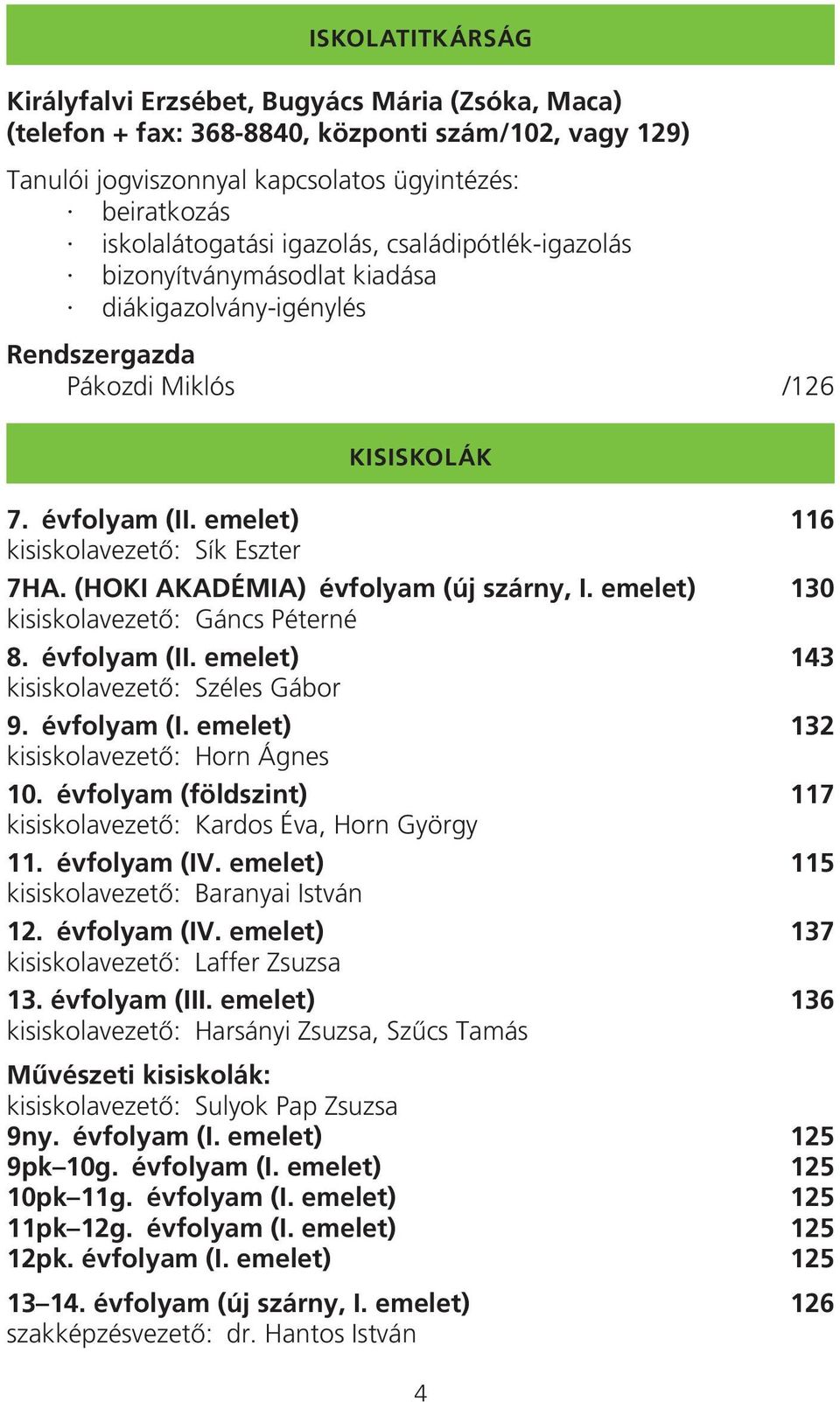 (HOKI AKADÉMIA) évfolyam (új szárny, I. emelet) 130 kisiskolavezetô: Gáncs Péterné 8. évfolyam (II. emelet) 143 kisiskolavezetô: Széles Gábor 9. évfolyam (I. emelet) 132 kisiskolavezetô: Horn Ágnes 10.