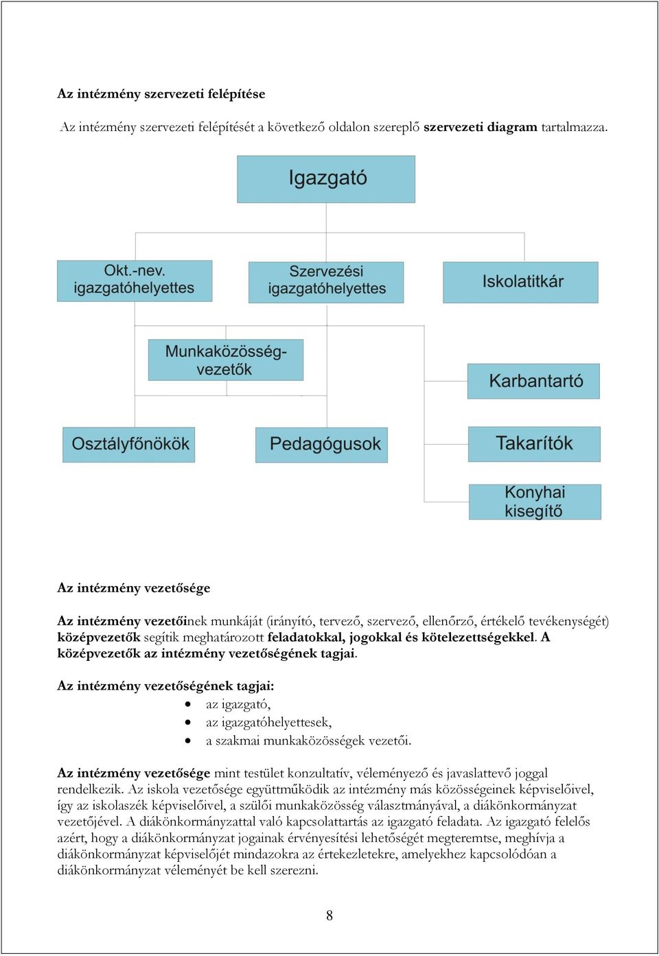 kötelezettségekkel. A középvezetők az intézmény vezetőségének tagjai. Az intézmény vezetőségének tagjai: az igazgató, az igazgatóhelyettesek, a szakmai munkaközösségek vezetői.