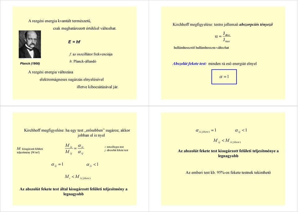 Kirchhoff megfigyelése: testre jellemző abszorpciós tényező J α = J absz össz hullámhosszról hullámhosszra változhat Abszolút fekete test: minden rá eső energiát elnyel α = 1 Kirchhoff megfigyelése: