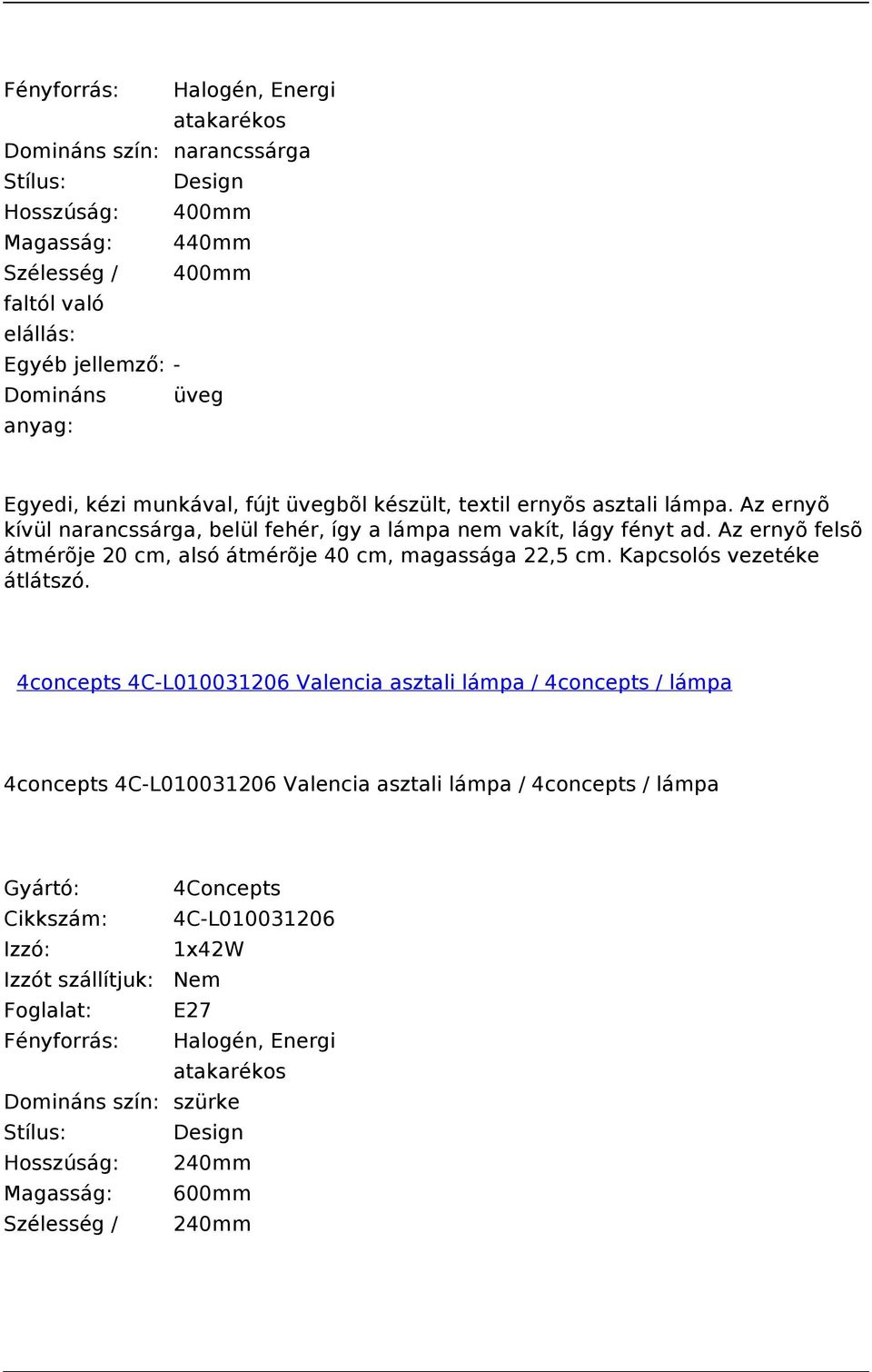 Az ernyõ felsõ átmérõje 20 cm, alsó átmérõje 40 cm, magassága 22,5 cm. Kapcsolós vezetéke átlátszó.