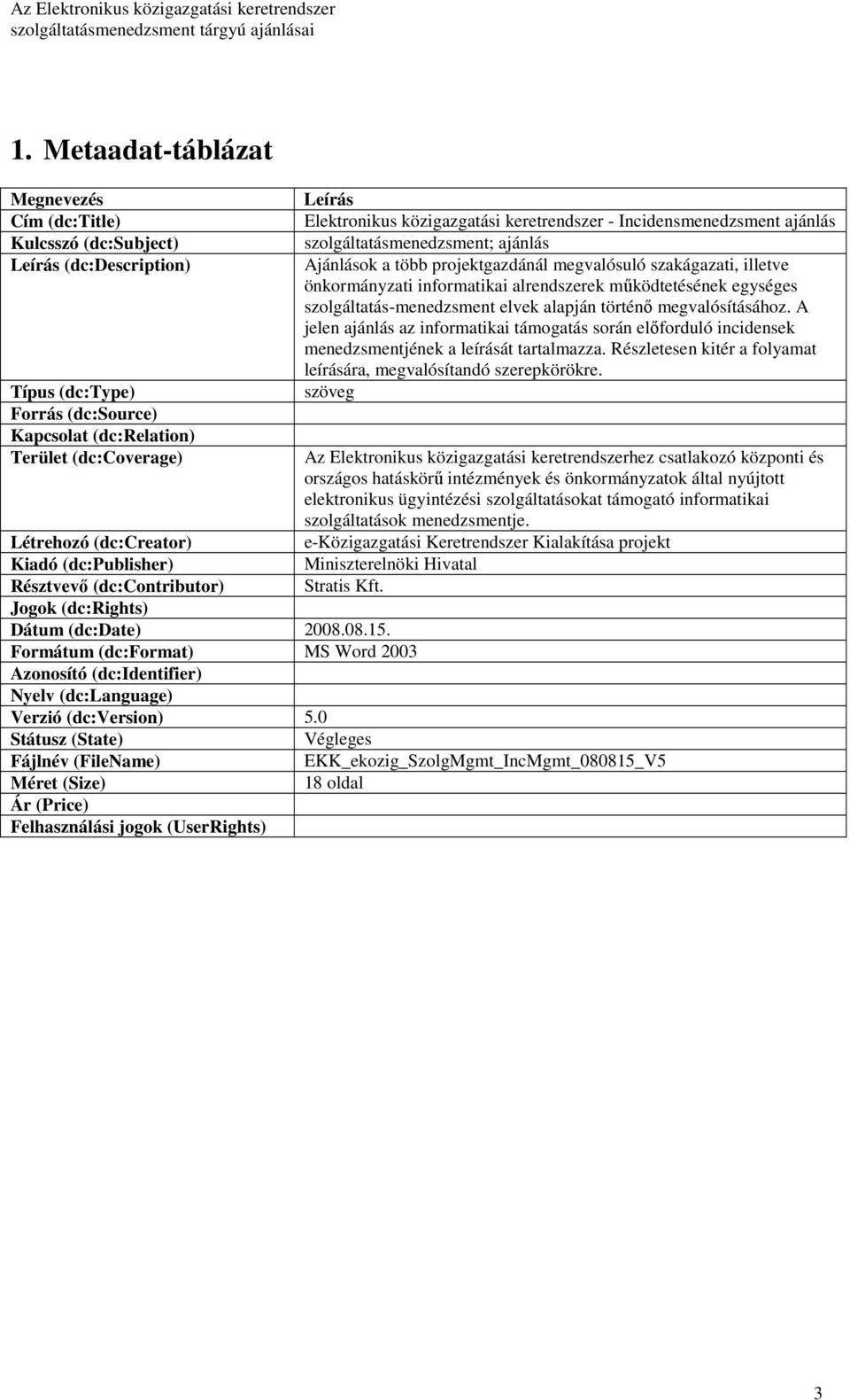 Formátum (dc:format) MS Word 2003 Azonosító (dc:identifier) Nyelv (dc:language) Verzió (dc:version) 5.