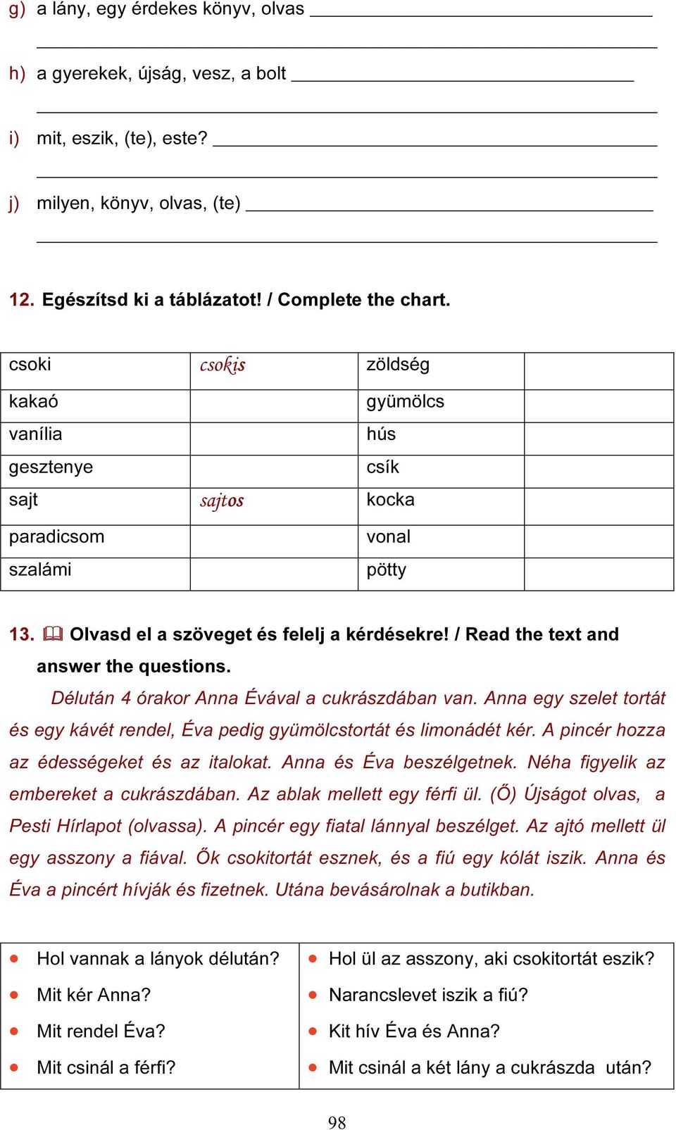 / Read the text and answer the questions. Délután 4 órakor Anna Évával a cukrászdában van. Anna egy szelet tortát és egy kávét rendel, Éva pedig gyümölcstortát és limonádét kér.