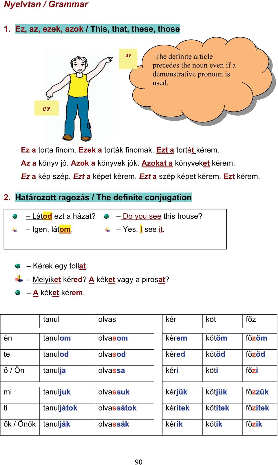 Határozott ragozás / The definite conjugation Látod ezt a házat? Igen, látom. Do you see this house? Yes, I see it. Kérek egy tollat. Melyiket kéred? A kéket vagy a pirosat? A kéket kérem.