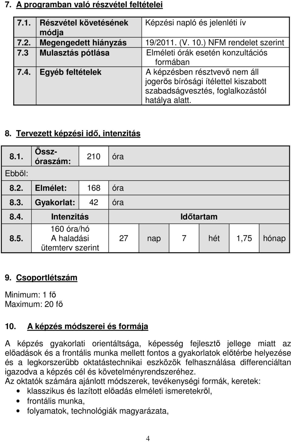 8. Tervezett képzési idő, intenzitás 8.1. Ebből: Összóraszám: 210 óra 8.2. Elmélet: 168 óra 8.3. Gyakorlat: 42 óra 8.4. Intenzitás Időtartam 8.5.