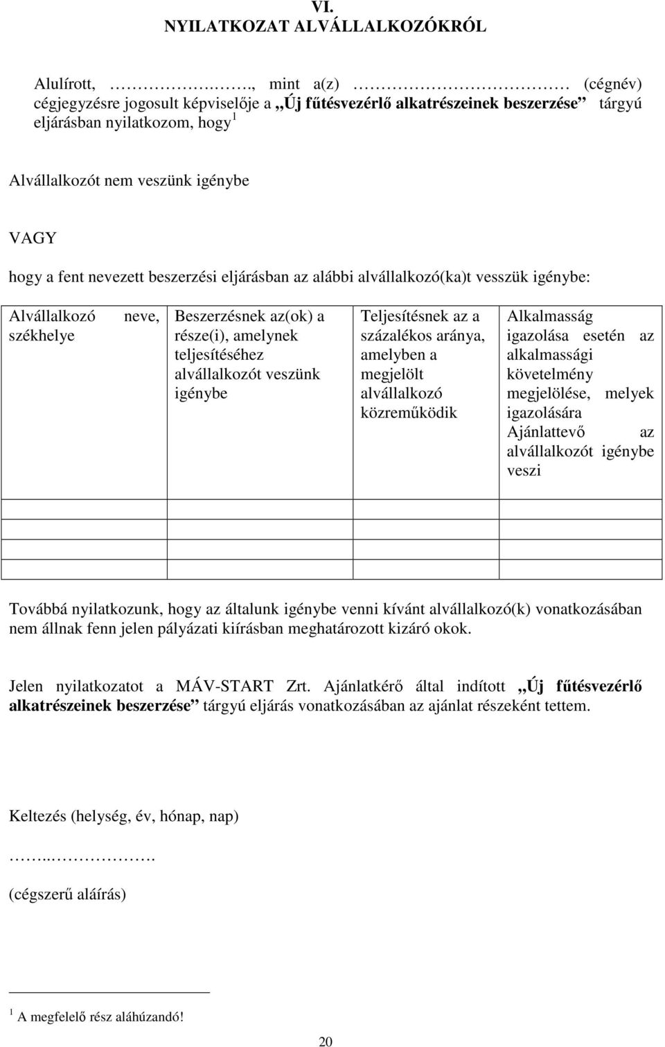 beszerzési eljárásban az alábbi alvállalkozó(ka)t vesszük igénybe: Alvállalkozó székhelye neve, Beszerzésnek az(ok) a része(i), amelynek teljesítéséhez alvállalkozót veszünk igénybe Teljesítésnek az