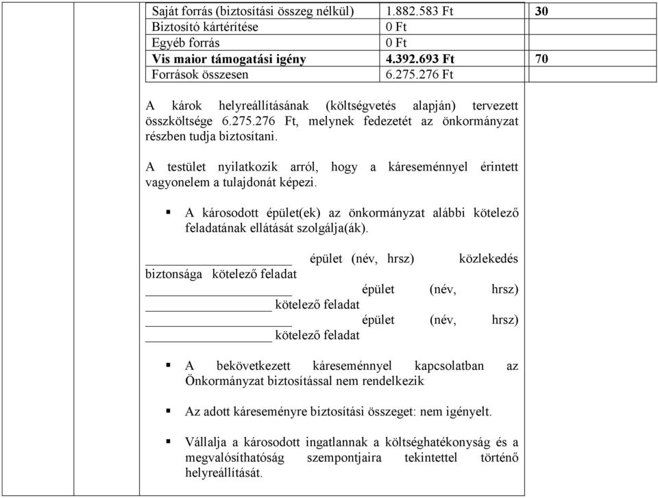 A testület nyilatkozik arról, hogy a káreseménnyel érintett vagyonelem a tulajdonát képezi. A károsodott épület(ek) az önkormányzat alábbi kötelező feladatának ellátását szolgálja(ák).