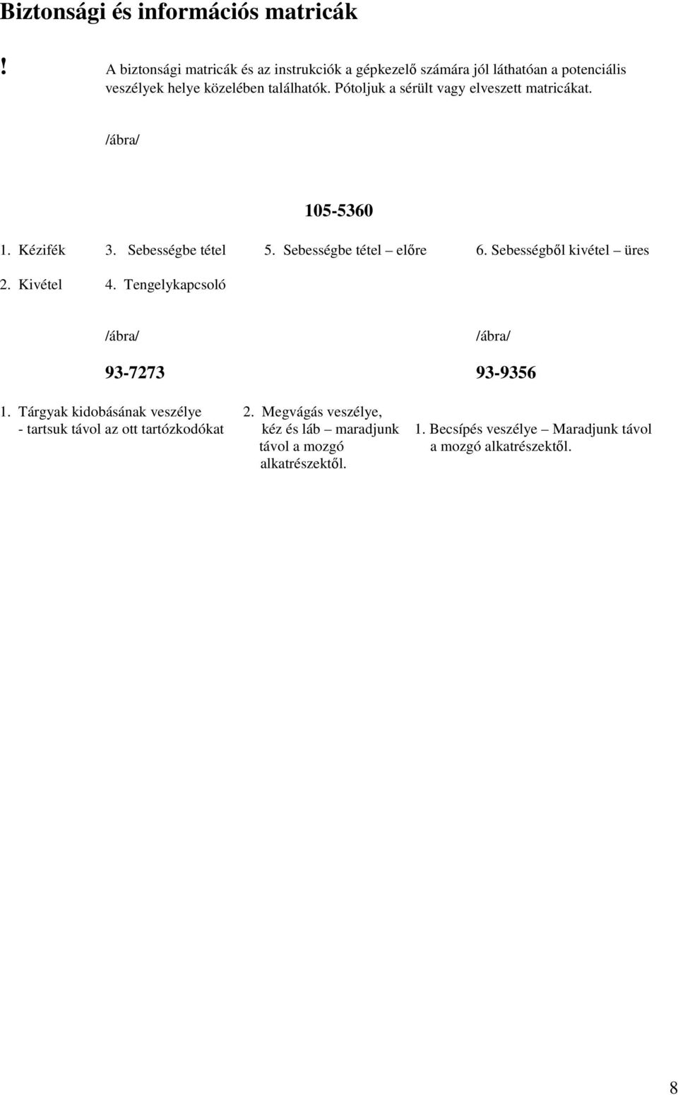 Pótoljuk a sérült vagy elveszett matricákat. /ábra/ 105-5360 1. Kézifék 3. Sebességbe tétel 5. Sebességbe tétel elıre 6.
