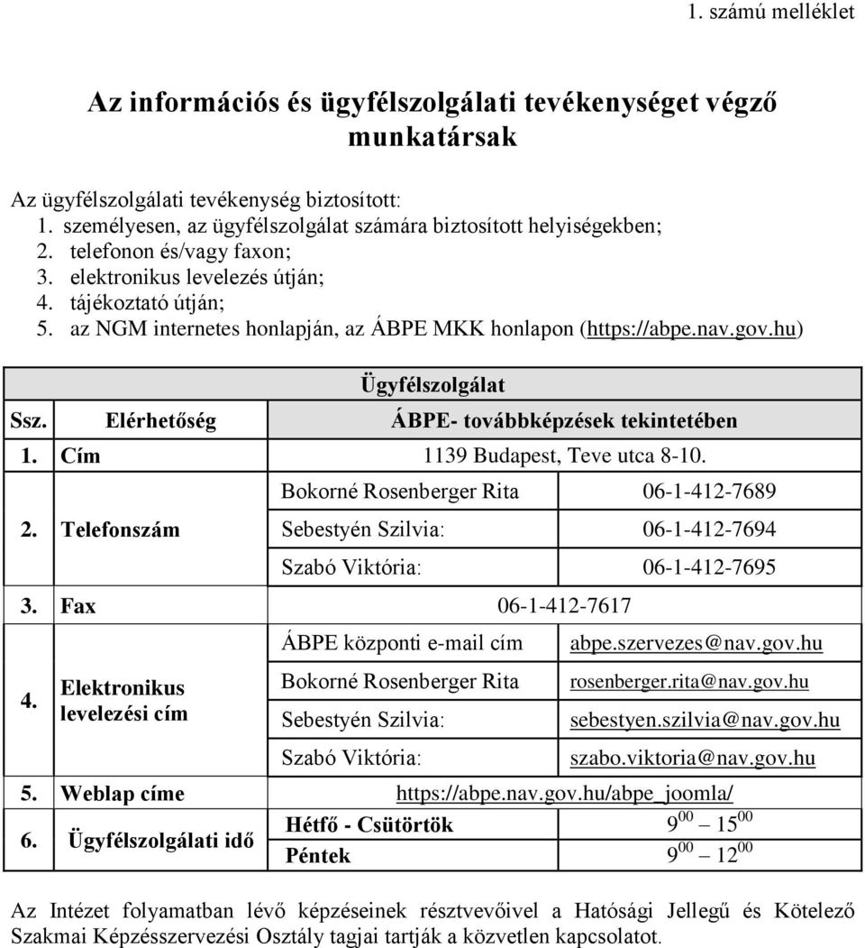 az NGM internetes honlapján, az ÁBPE MKK honlapon (https://abpe.nav.gov.hu) Ügyfélszolgálat Ssz. Elérhetőség ÁBPE- továbbképzések tekintetében 1. Cím 1139 Budapest, Teve utca 8-10. 2.