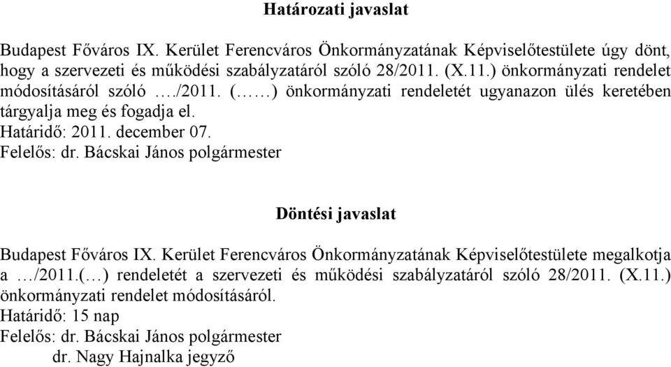 Felelős: dr. Bácskai János polgármester Döntési javaslat Budapest Főváros IX. Kerület Ferencváros Önkormányzatának Képviselőtestülete megalkotja a /2011.
