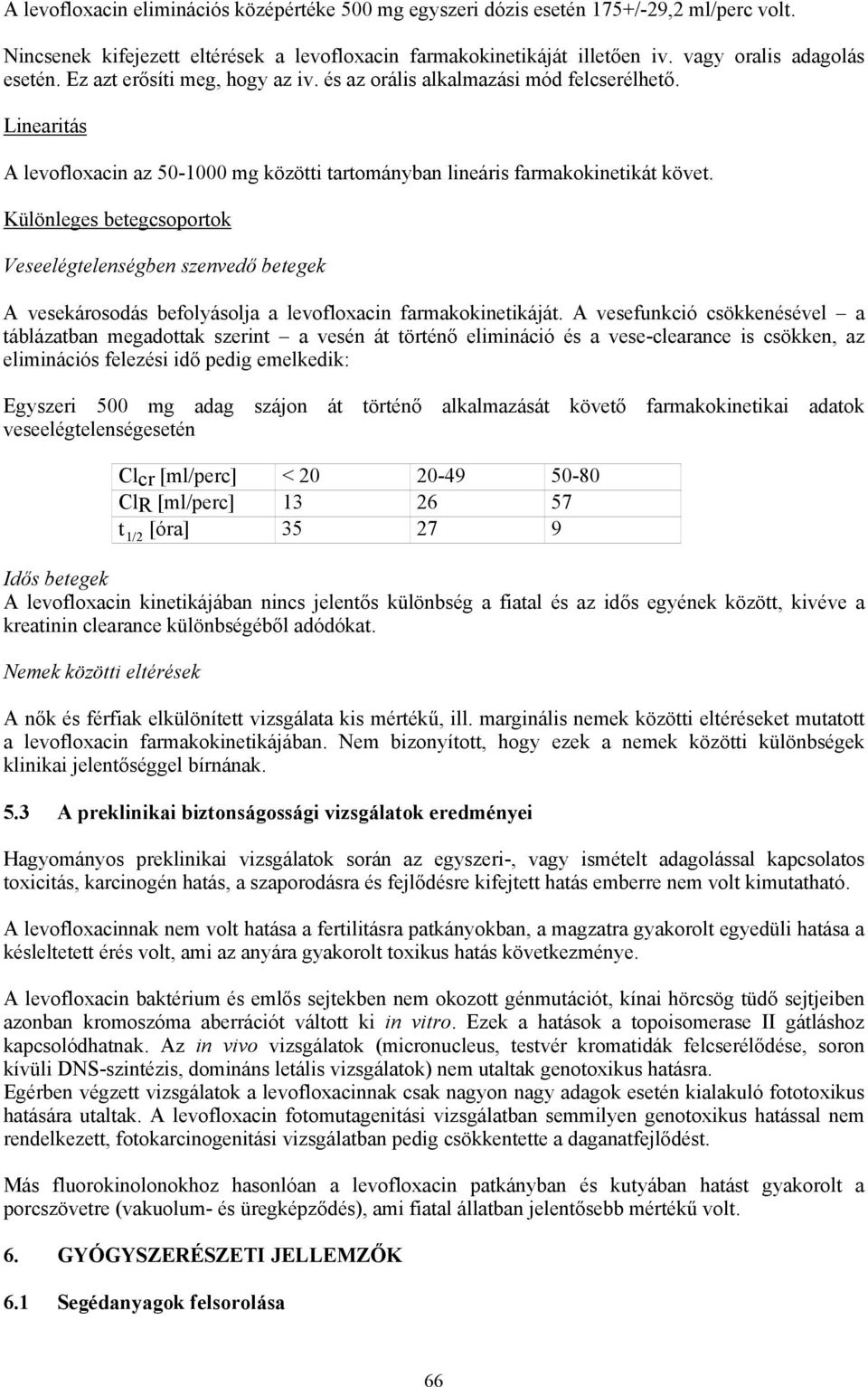 Különleges betegcsoportok Veseelégtelenségben szenvedő betegek A vesekárosodás befolyásolja a levofloxacin farmakokinetikáját.