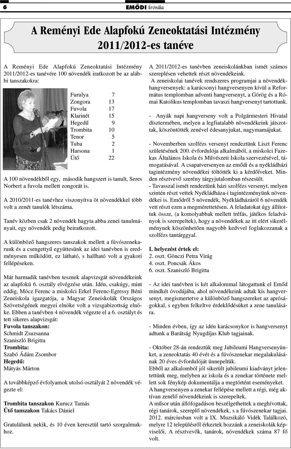 A 2010/2011-es tanévhez viszonyítva öt növendékkel több volt a zenét tanulók létszáma. Tanév közben csak 2 növendék hagyta abba zenei tanulmányait, egy növendék pedig beiratkozott.
