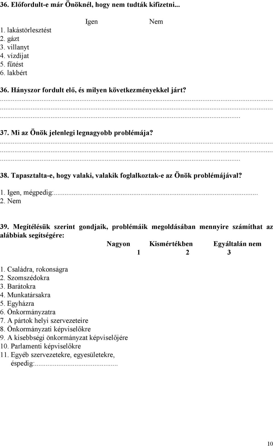 Megítélésük szerint gondjaik, problémáik megoldásában mennyire számíthat az alábbiak segítségére: Nagyon Kismértékben Egyáltalán nem 1 2 3 1. Családra, rokonságra 2. Szomszédokra 3. Barátokra 4.