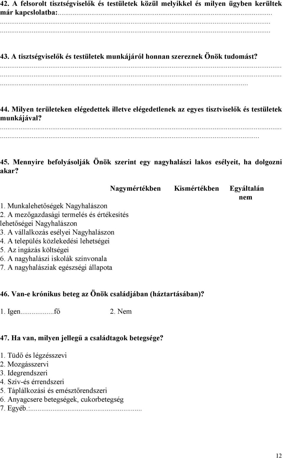 Nagymértékben Kismértékben Egyáltalán nem 1. Munkalehetőségek Nagyhalászon 2. A mezőgazdasági termelés és értékesítés lehetőségei Nagyhalászon 3. A vállalkozás esélyei Nagyhalászon 4.