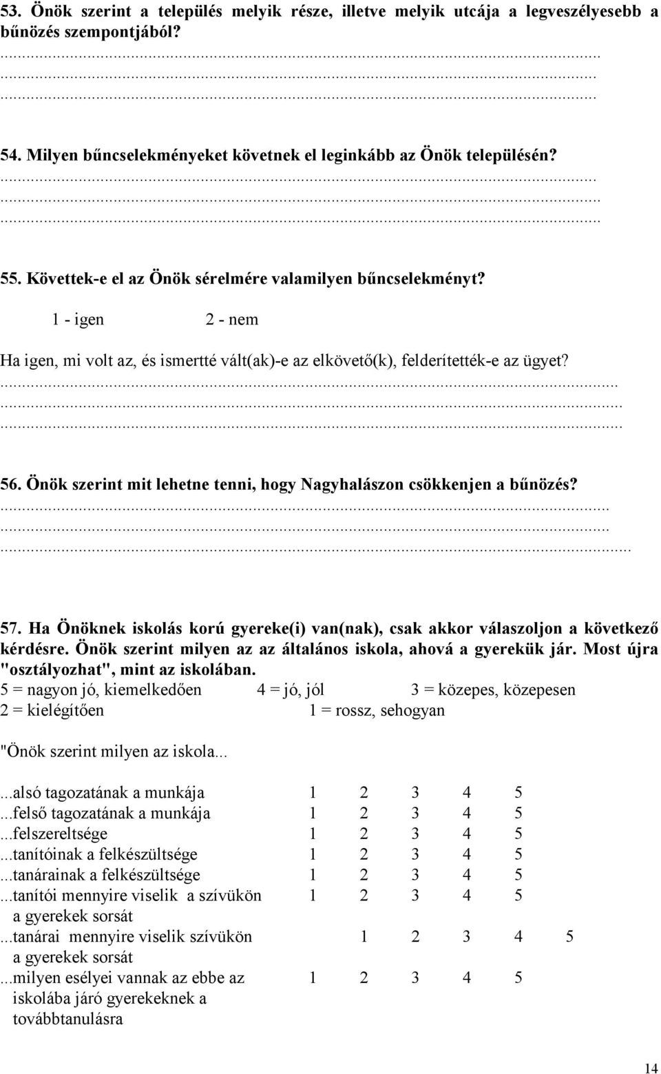 Önök szerint mit lehetne tenni, hogy Nagyhalászon csökkenjen a bűnözés?......... 57. Ha Önöknek iskolás korú gyereke(i) van(nak), csak akkor válaszoljon a következő kérdésre.