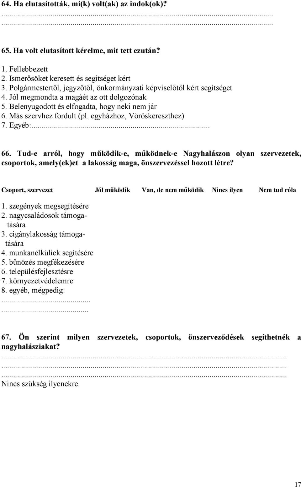 egyházhoz, Vöröskereszthez) 7. Egyéb:... 66. Tud-e arról, hogy működik-e, működnek-e Nagyhalászon olyan szervezetek, csoportok, amely(ek)et a lakosság maga, önszervezéssel hozott létre?