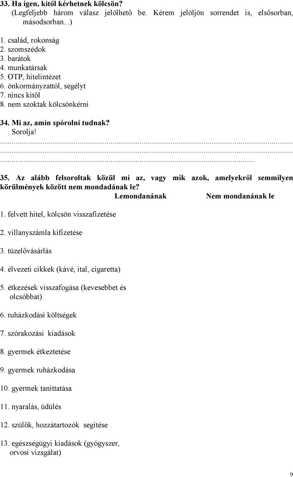 Az alább felsoroltak közül mi az, vagy mik azok, amelyekről semmilyen körülmények között nem mondadának le? Lemondanának Nem mondanának le 1. felvett hitel, kölcsön visszafizetése 2.