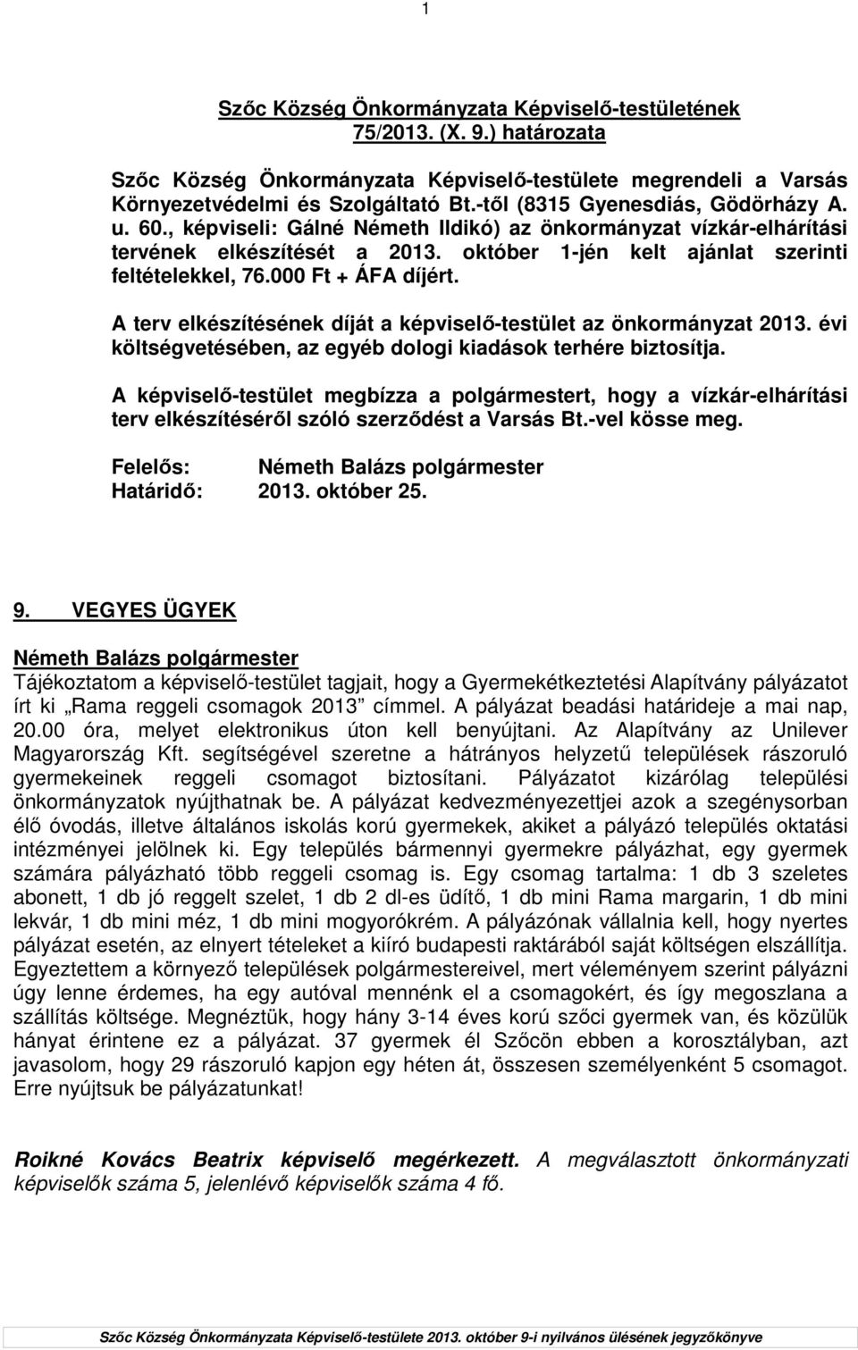 A terv elkészítésének díját a képviselı-testület az önkormányzat 2013. évi költségvetésében, az egyéb dologi kiadások terhére biztosítja.