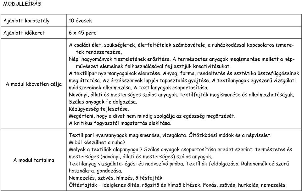 A textilipar nyersanyagainak elemzése. Anyag, forma, rendeltetés és esztétika összefüggéseinek megláttatása. Az érzékszervek lapján tapasztalás győjtése.