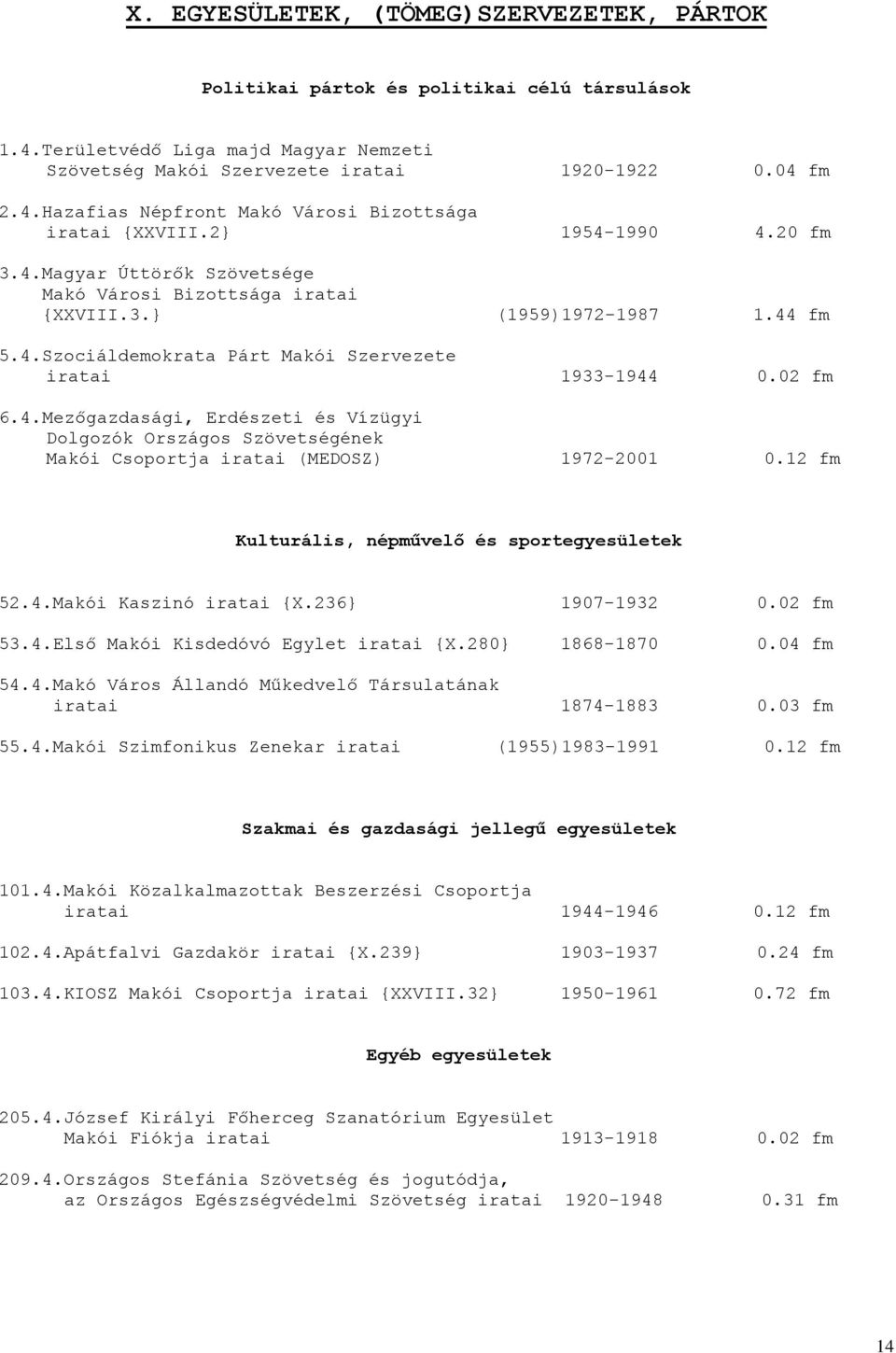 12 fm Kulturális, népművelő és sportegyesületek 52.4.Makói Kaszinó iratai {X.236} 1907-1932 0.02 fm 53.4.Első Makói Kisdedóvó Egylet iratai {X.280} 1868-1870 0.04 fm 54.4.Makó Város Állandó Műkedvelő Társulatának iratai 1874-1883 0.